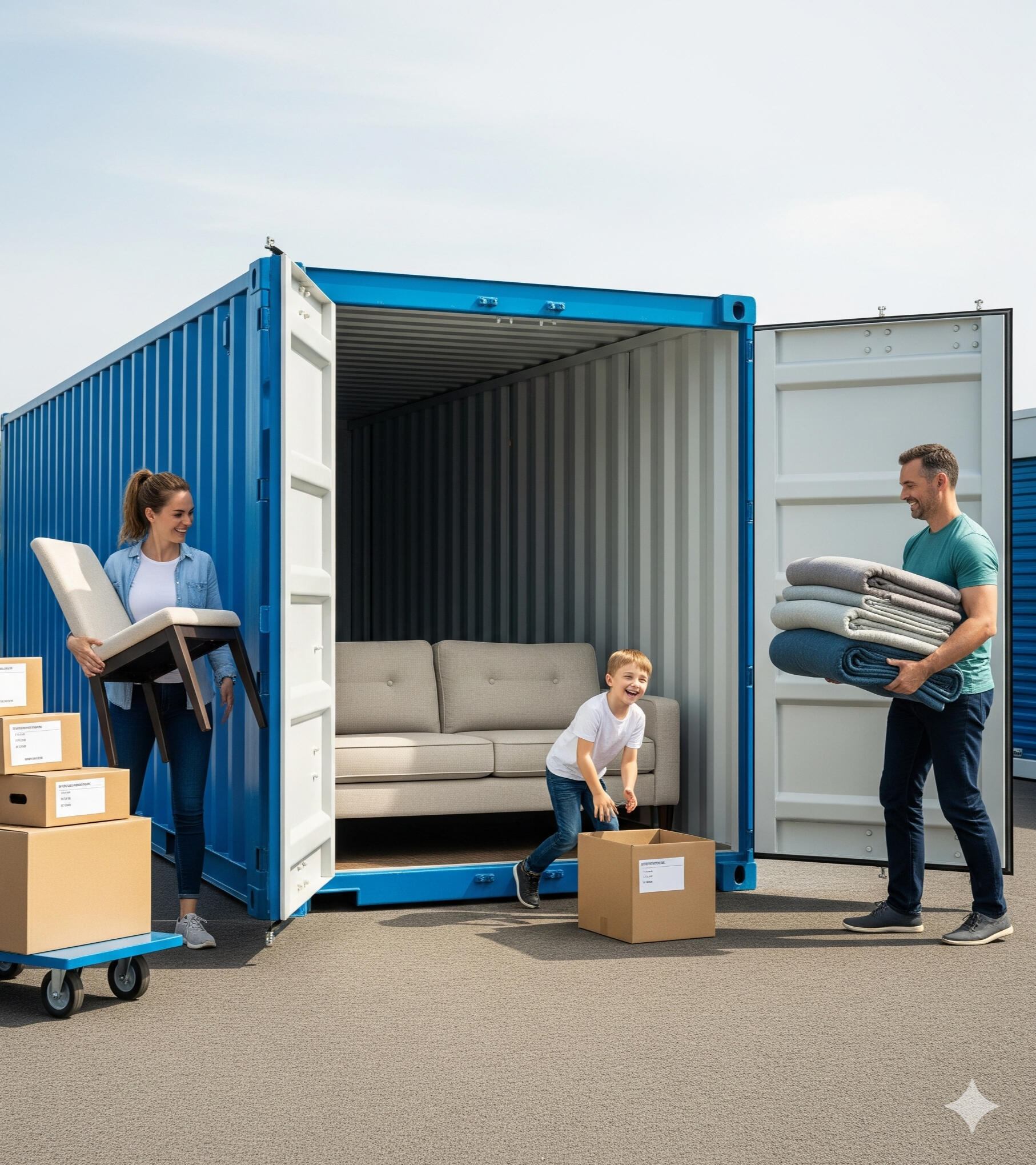 Family loading furniture and boxes into a Boxxs self storage container at Linlithgow.